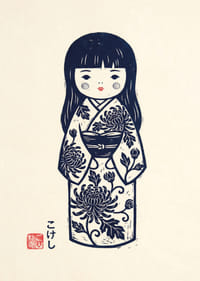 Elegant kokeshi doll in a masterful print with traditional details.-7