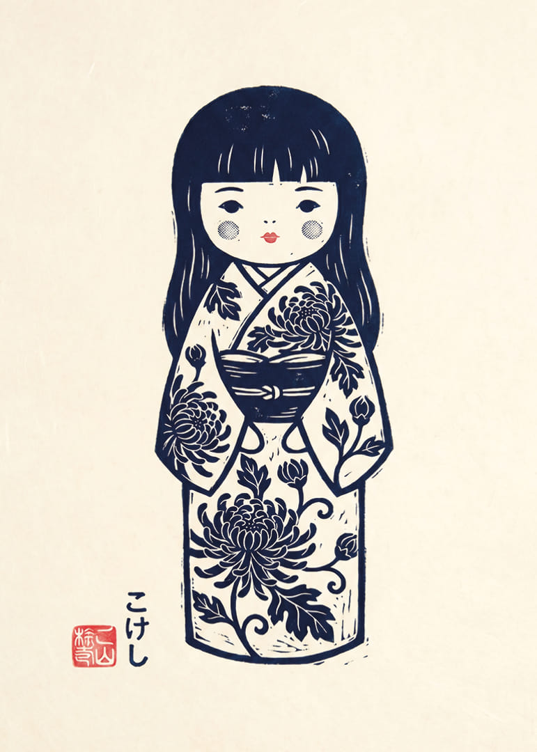 Elegant kokeshi doll in a masterful print with traditional details.-12