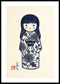 Elegant kokeshi doll in a masterful print with traditional details.-0
