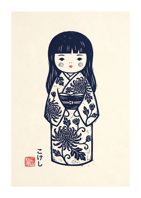 Poster Blue Kokeshi Doll