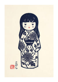 Elegant kokeshi doll in a masterful print with traditional details.-1