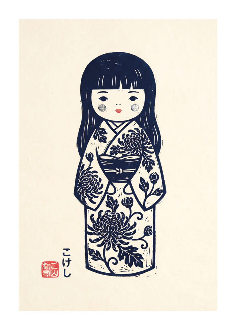 Elegant kokeshi doll in a masterful print with traditional details.-12