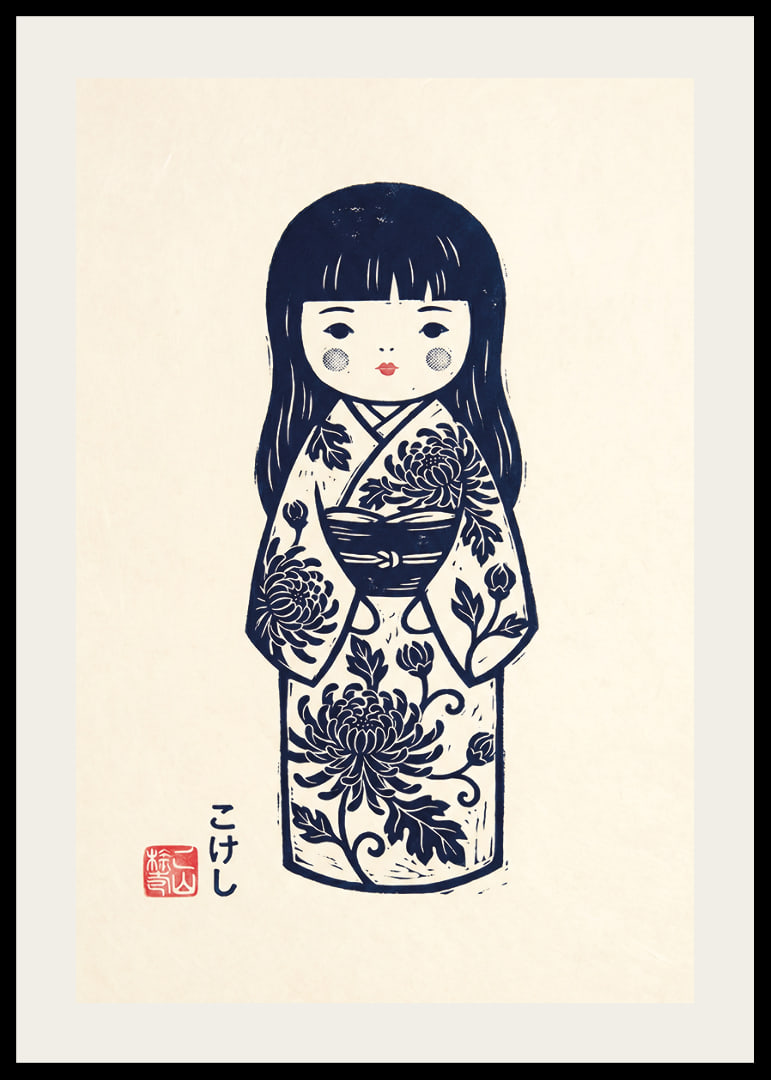 Elegant kokeshi doll in a masterful print with traditional details.-12