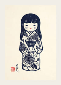 Elegant kokeshi doll in a masterful print with traditional details.-3