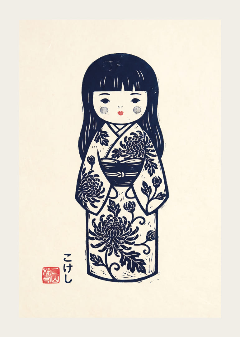 Elegant kokeshi doll in a masterful print with traditional details.-12