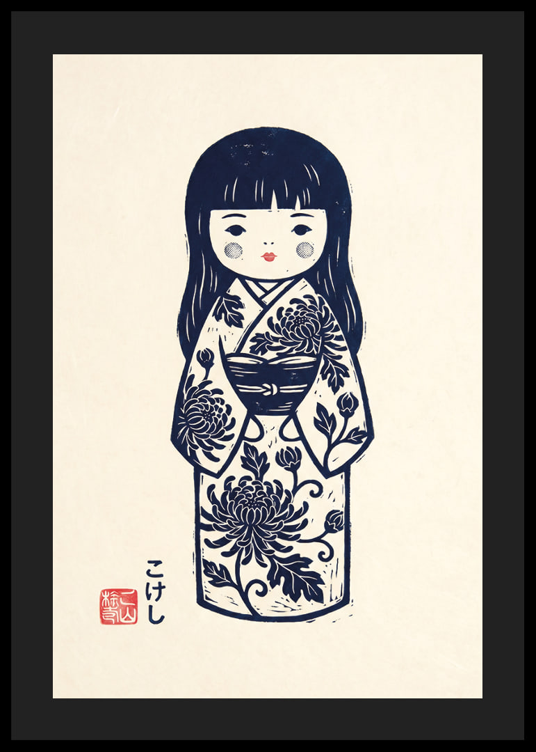 Elegant kokeshi doll in a masterful print with traditional details.-12