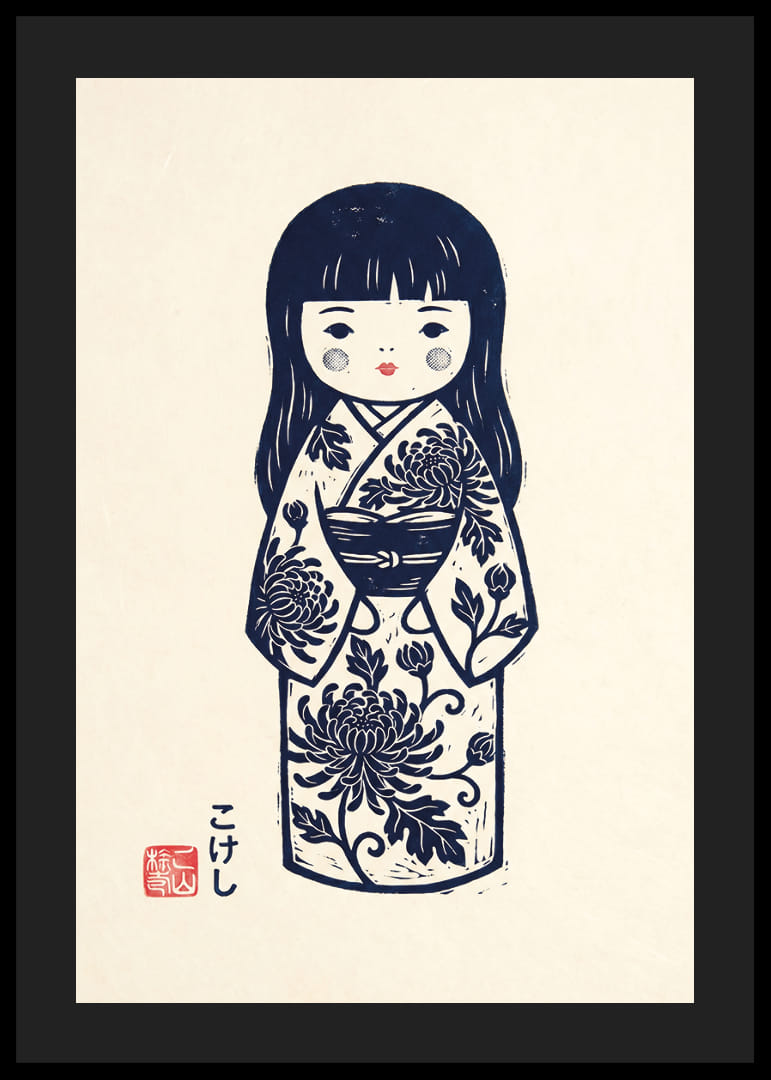 Elegant kokeshi doll in a masterful print with traditional details.-12