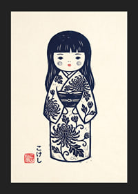 Elegant kokeshi doll in a masterful print with traditional details.-5