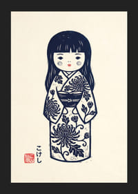 Elegant kokeshi doll in a masterful print with traditional details.-5