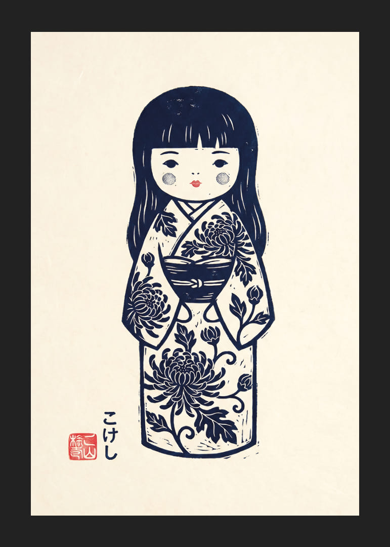 Elegant kokeshi doll in a masterful print with traditional details.-12