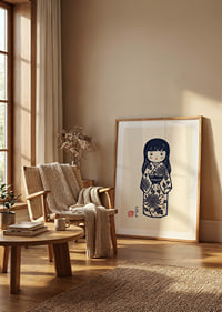 Elegant kokeshi doll in a masterful print with traditional details.-8