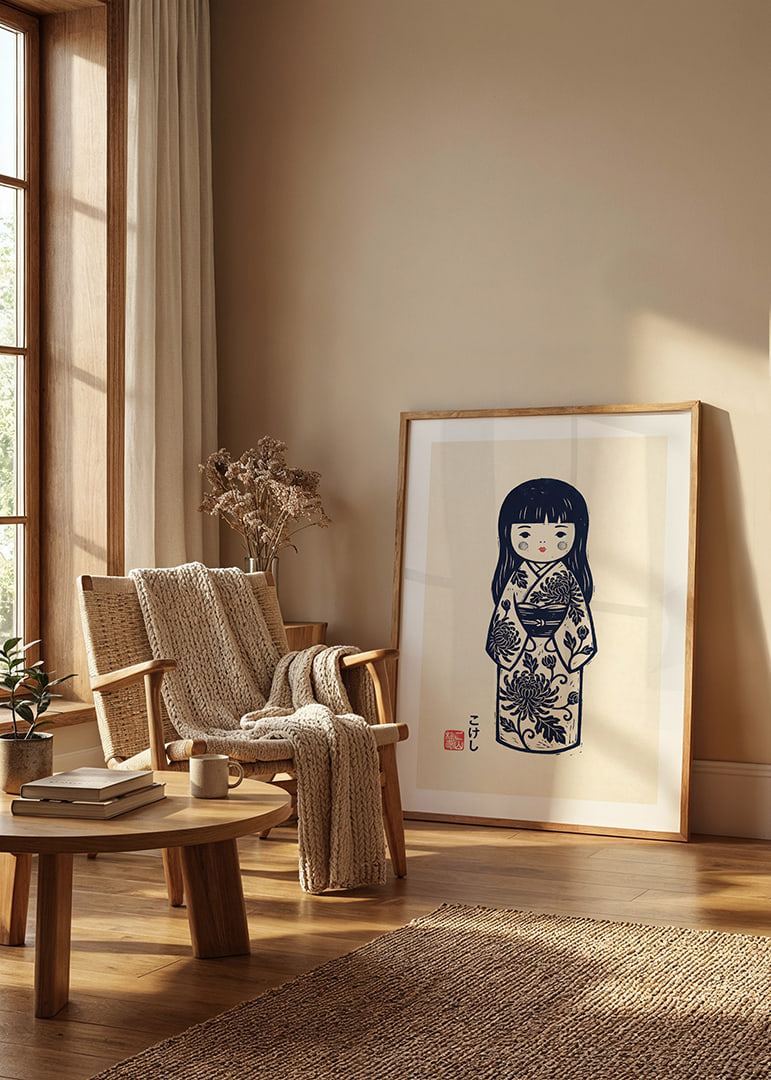 Elegant kokeshi doll in a masterful print with traditional details.-12