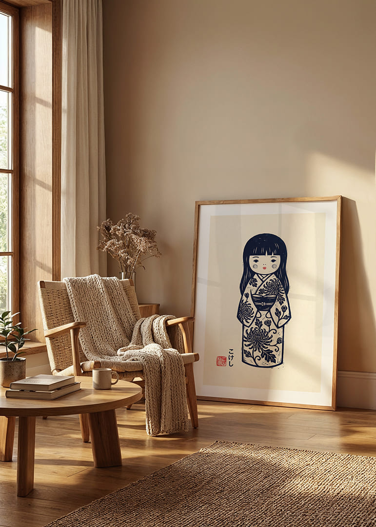 Elegant kokeshi doll in a masterful print with traditional details.-12
