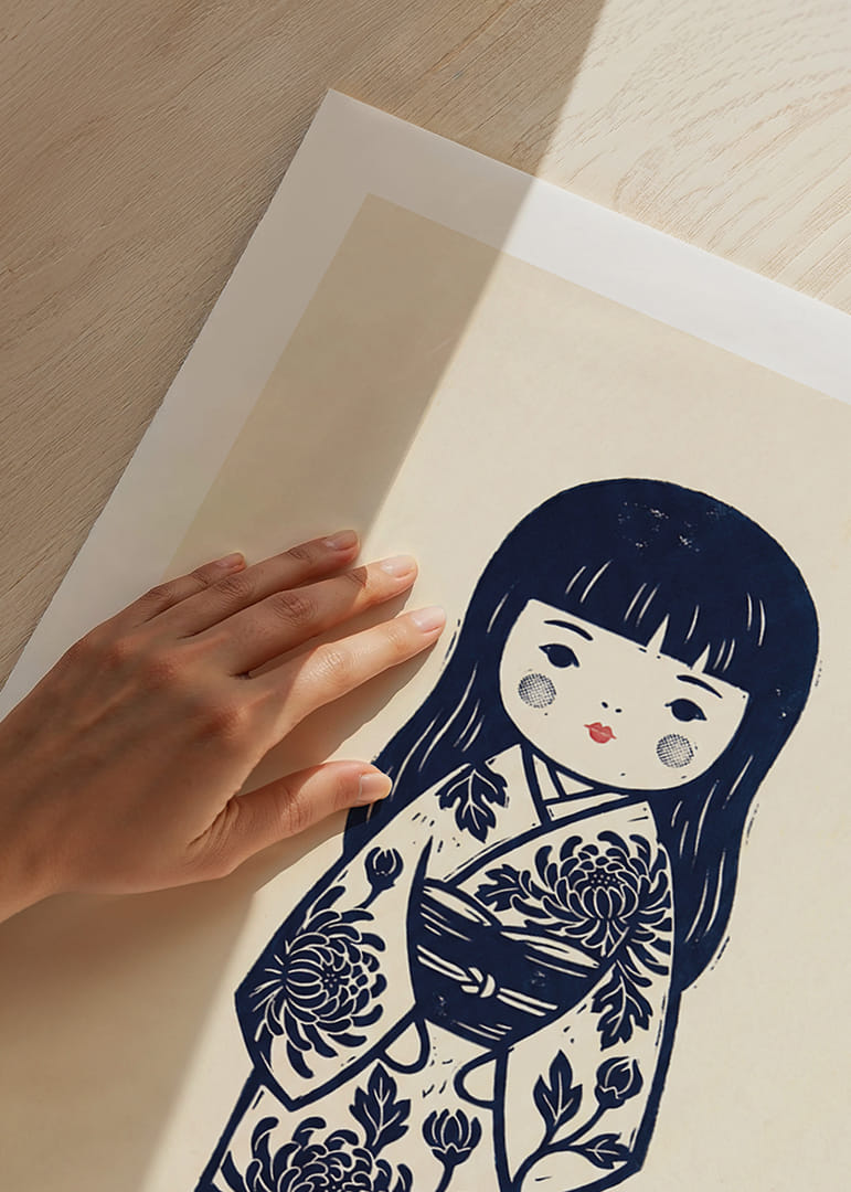 Elegant kokeshi doll in a masterful print with traditional details.-12