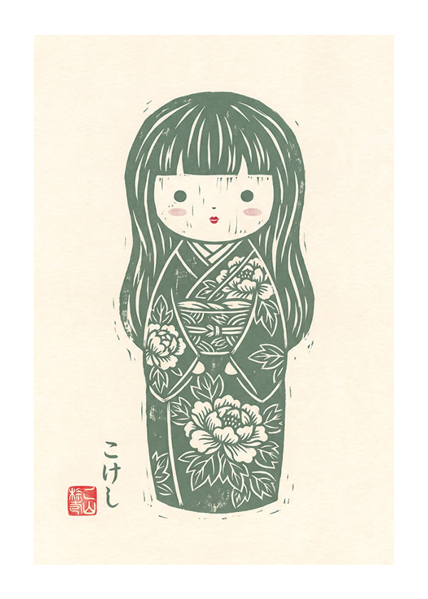 Poster Green Kokeshi Doll