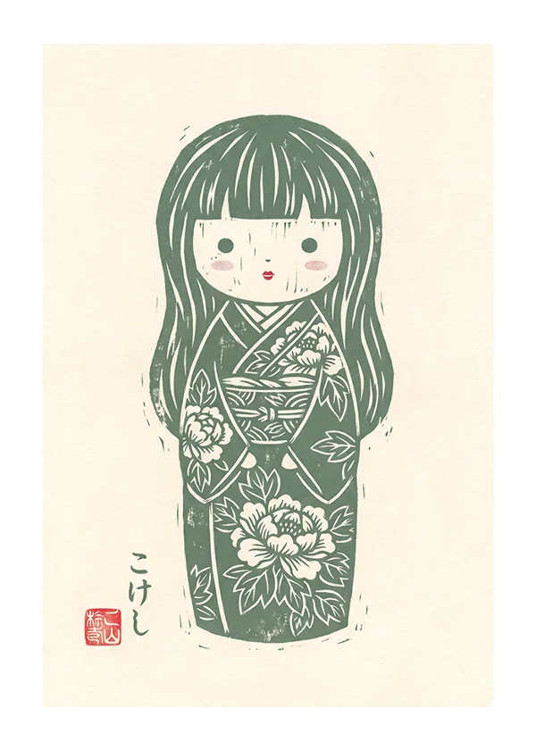 Poster Green Kokeshi Doll