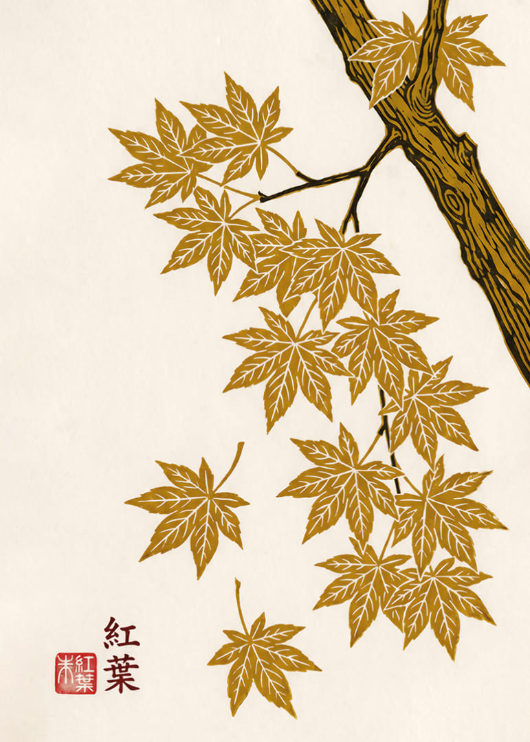 Golden maple leaves float elegantly against a cream-colored background.-12