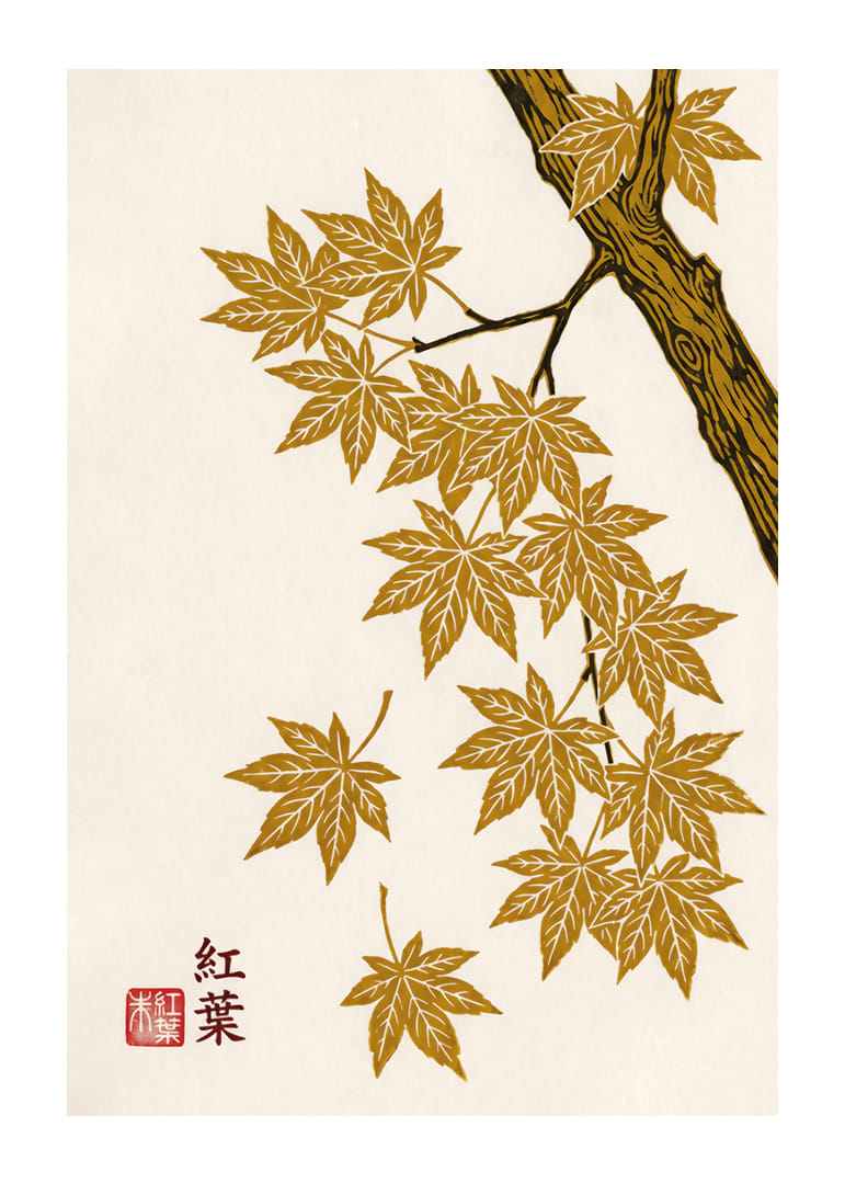 Golden maple leaves float elegantly against a cream-colored background.-12