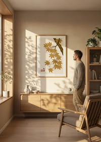 Golden maple leaves float elegantly against a cream-colored background.-8