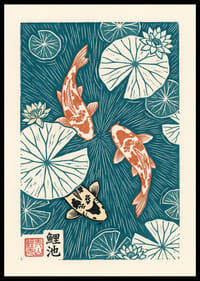 Colorful koi fish float among elegant water lily petals.-0