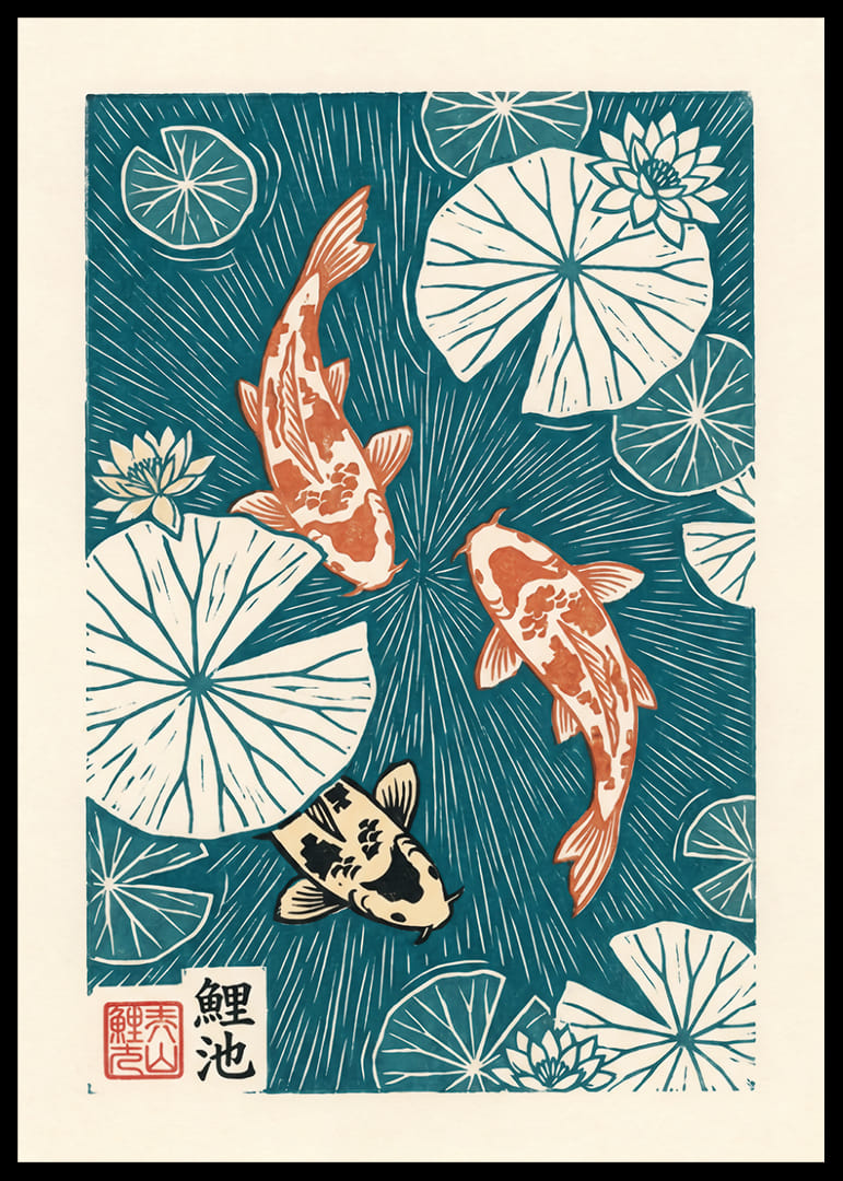 Colorful koi fish float among elegant water lily petals.-12