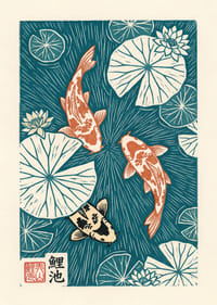 Colorful koi fish float among elegant water lily petals.-1