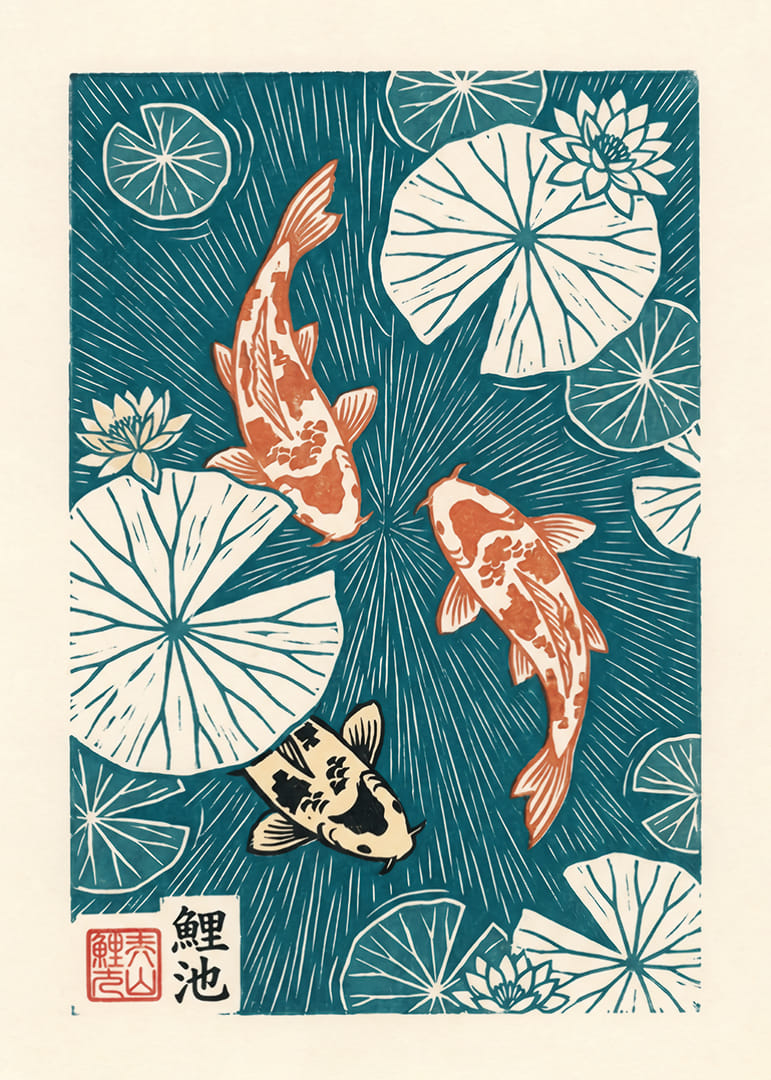 Colorful koi fish float among elegant water lily petals.-12