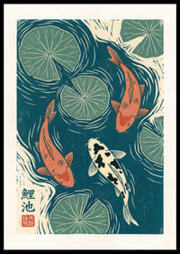 Three koi fish dance among water lilies in calm swirls.-0