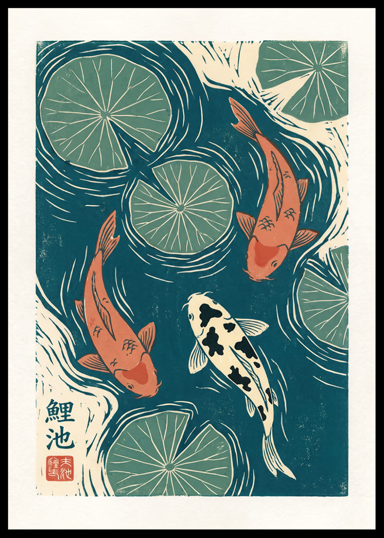 Three koi fish dance among water lilies in calm swirls.-12