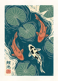 Three koi fish dance among water lilies in calm swirls.-1