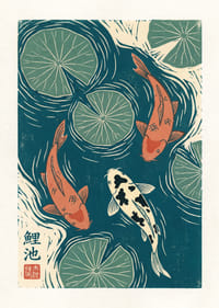 Three koi fish dance among water lilies in calm swirls.-1