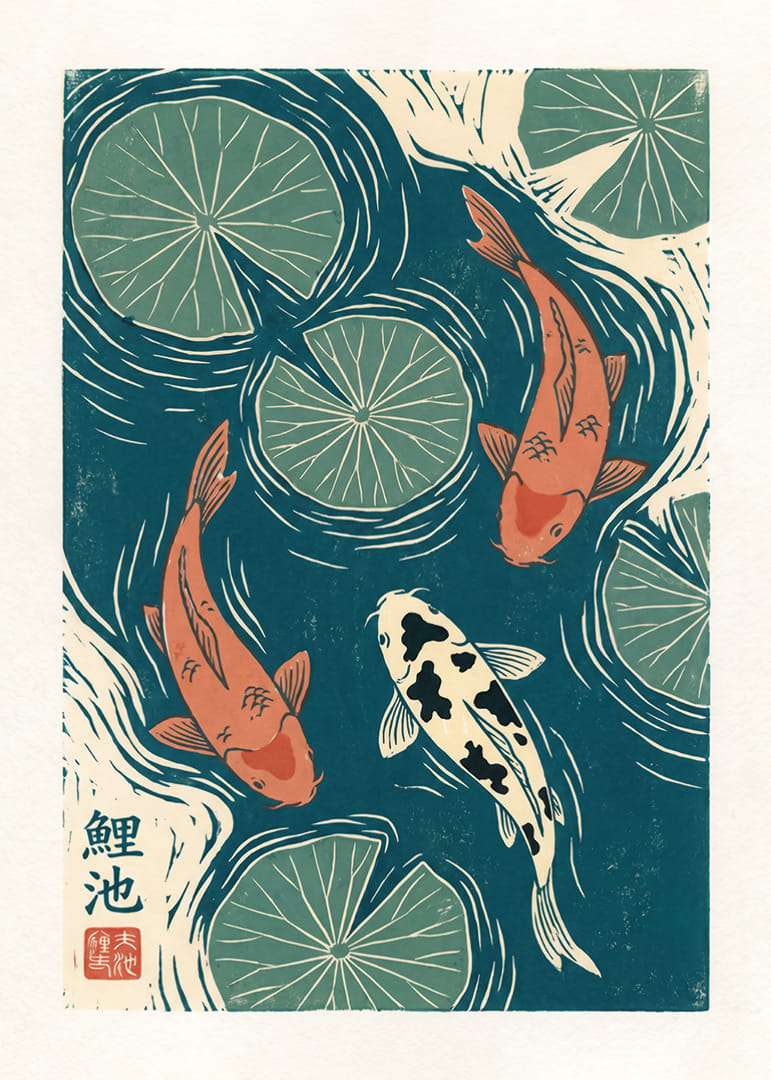 Three koi fish dance among water lilies in calm swirls.-12