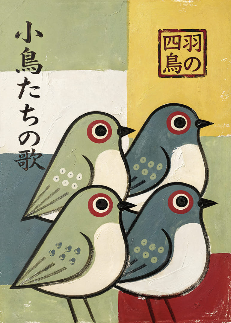 Four birds in playful colors spread joy and harmony.-12