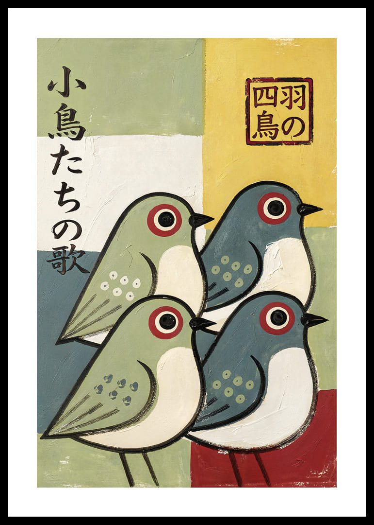 Four birds in playful colors spread joy and harmony.-12