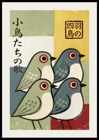 Four birds in playful colors spread joy and harmony.-2