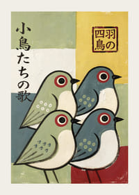 Four birds in playful colors spread joy and harmony.-3