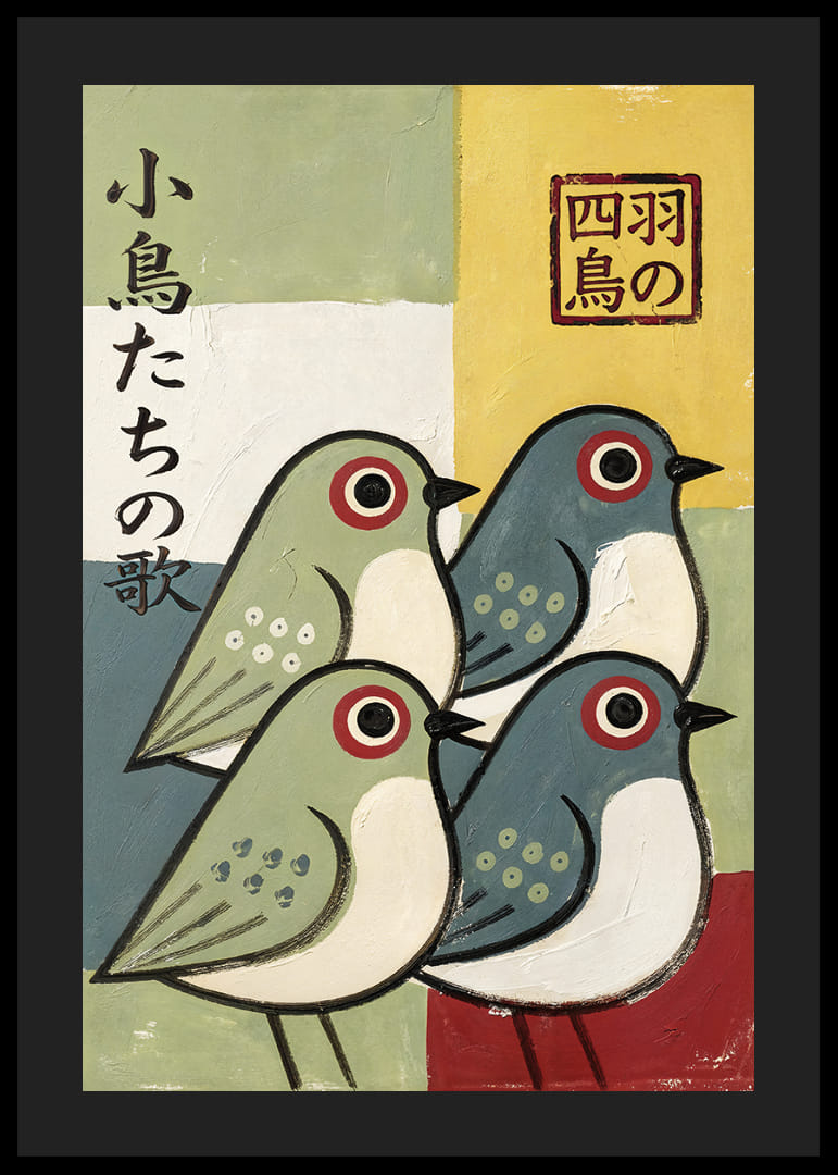Four birds in playful colors spread joy and harmony.-12