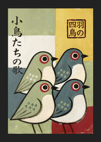 Four birds in playful colors spread joy and harmony.-5