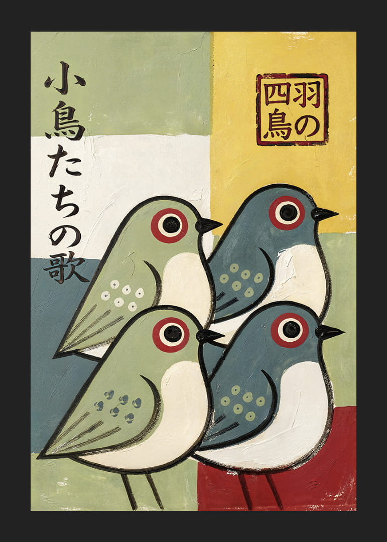 Four birds in playful colors spread joy and harmony.-12