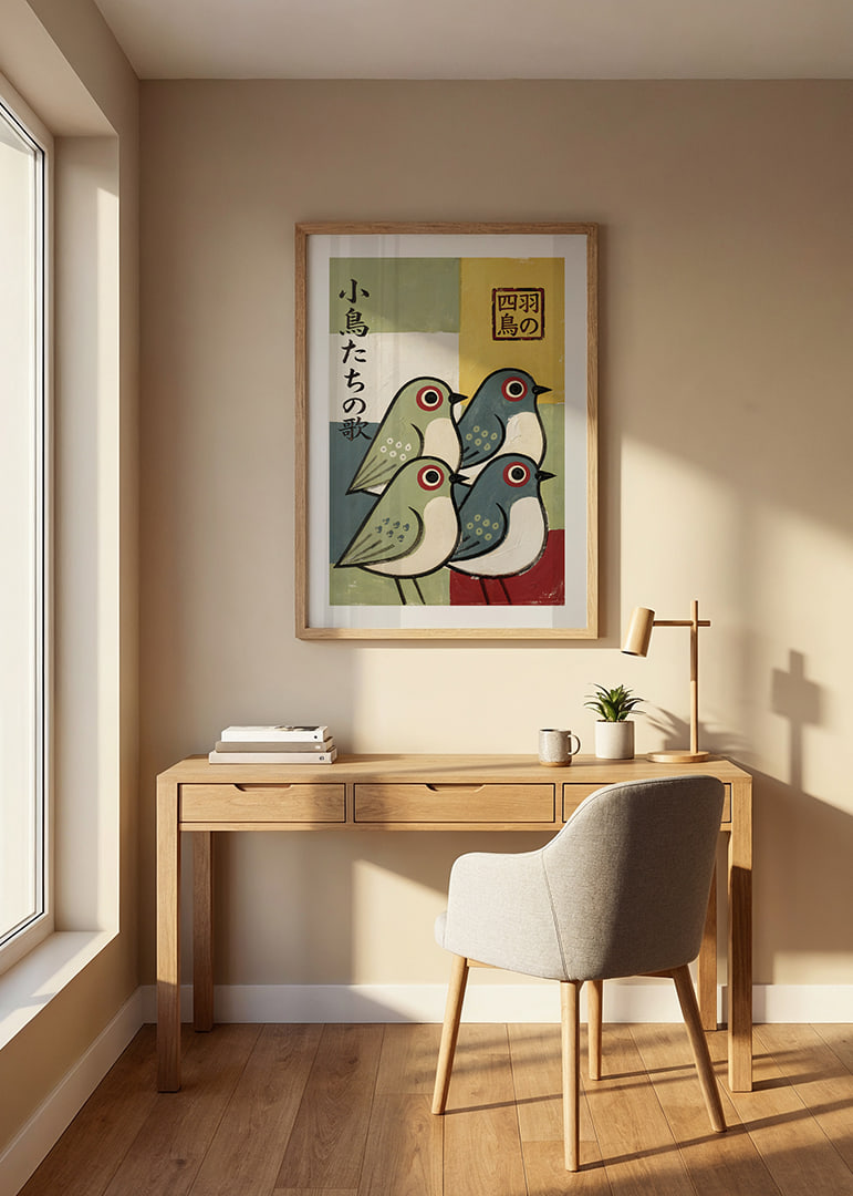 Four birds in playful colors spread joy and harmony.-12