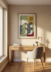 Four birds in playful colors spread joy and harmony.-8