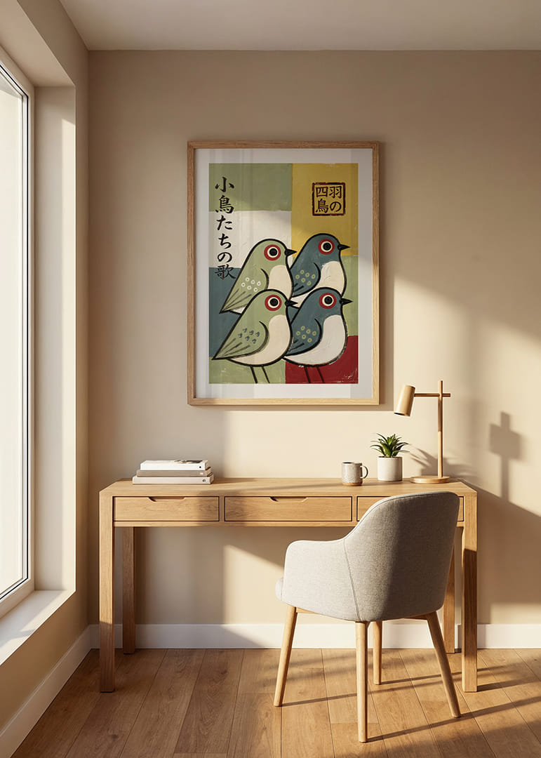 Four birds in playful colors spread joy and harmony.-12