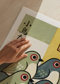 Four birds in playful colors spread joy and harmony.-9