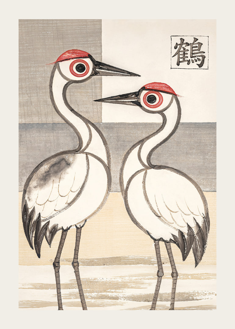 Two cranes in stylish harmony adorn this elegant poster.-12