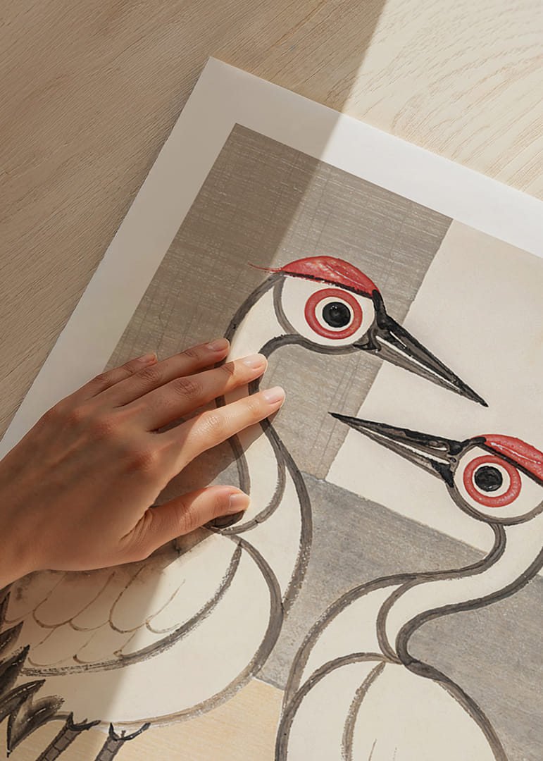 Two cranes in stylish harmony adorn this elegant poster.-12