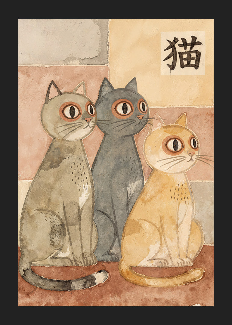 Three cats in a harmonious palette give a sense of calm and nostalgia.-12