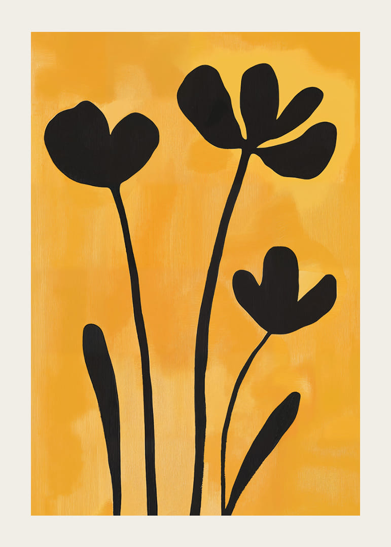 Black silhouettes of flowers against a golden background.-12