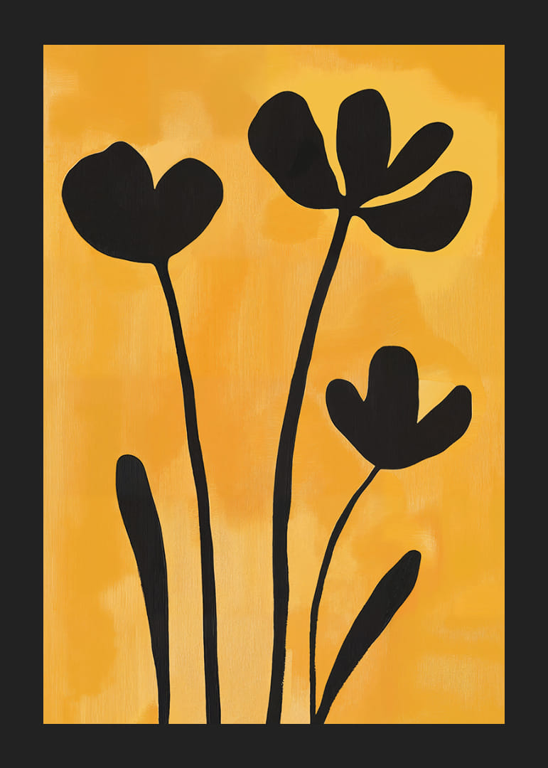Black silhouettes of flowers against a golden background.-12