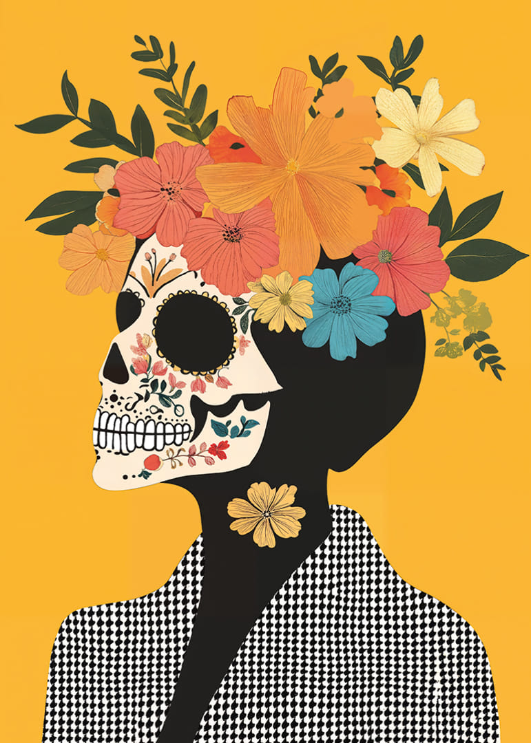 The contrast between skull and flowers fascinates and catches the eye.-12