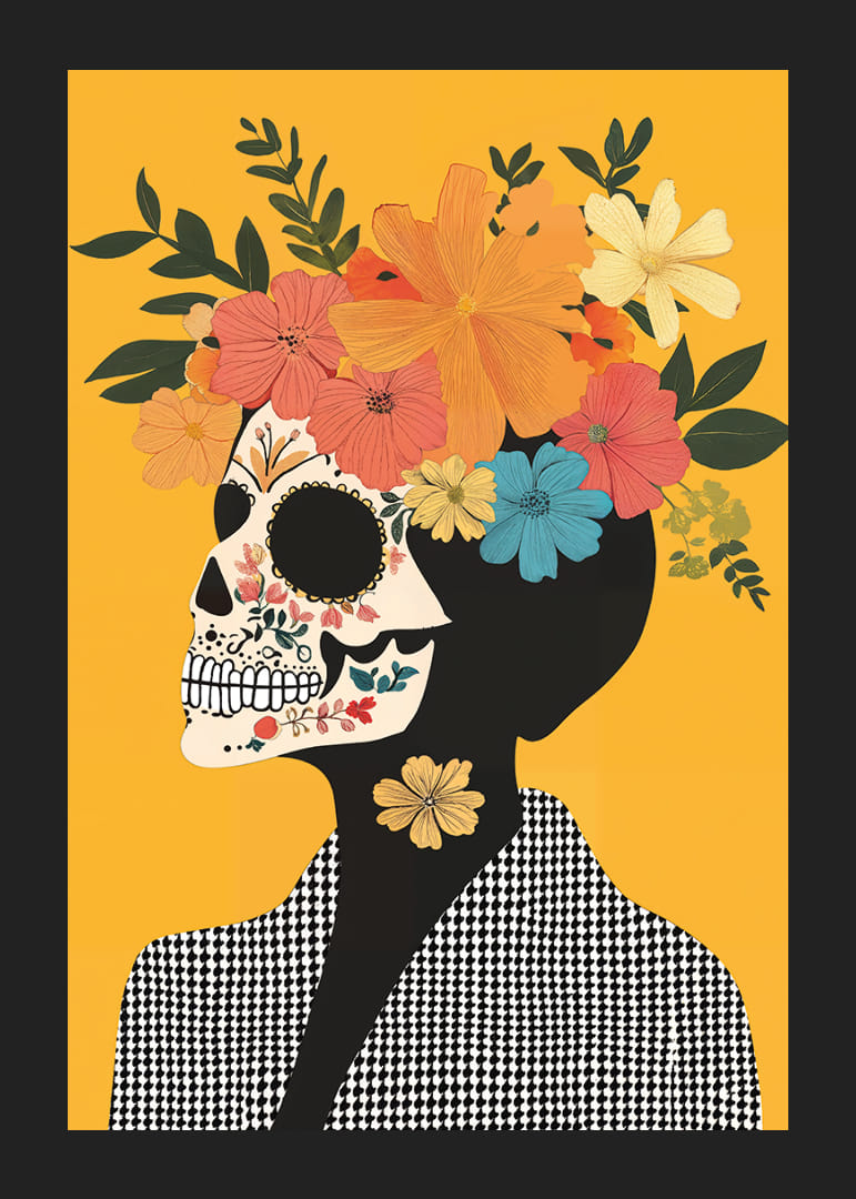 The contrast between skull and flowers fascinates and catches the eye.-12